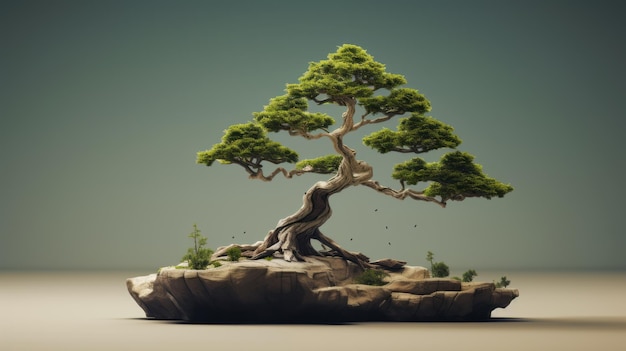 Succulent Bonsai Tree On Rock Meticulous Digital Art With Calming Symmetry