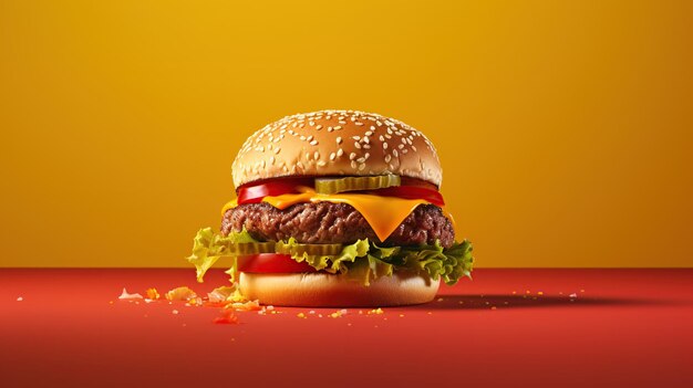 A succulent cheeseburger with fresh toppings presented on a dualtone background of yellow and red illustrating fast food appeal