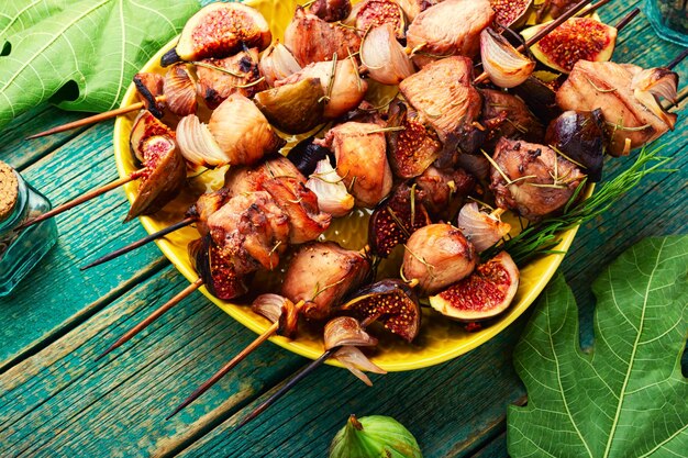 Succulent chicken breast kebab with figs.Tasty BBQ
