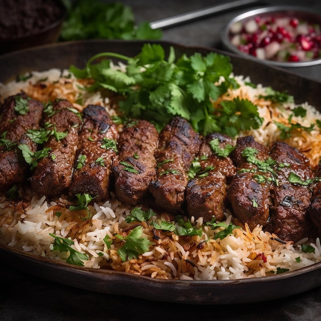 이란 chelow kabab의 즙이 많은 근접 촬영 샷