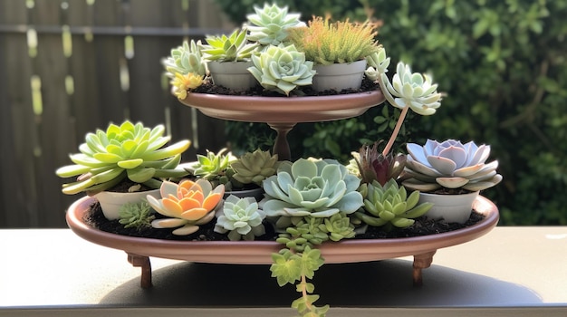 A succulent display is displayed on a table outside.