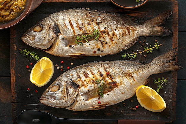 Succulent dorado fish grilled to perfection displayed on wooden surface