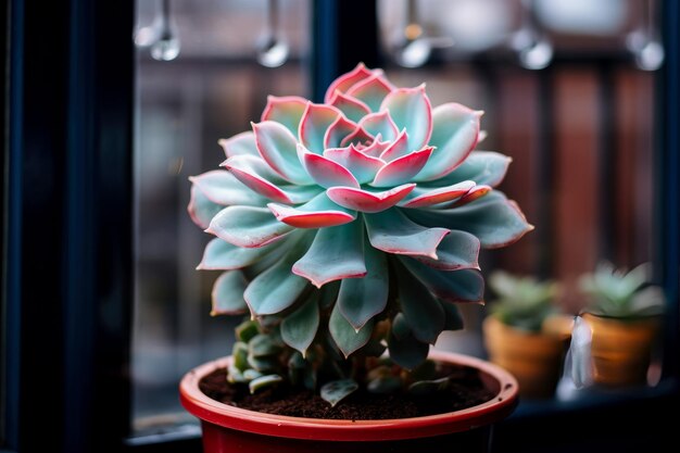 Succulent Echeveria in a pot on a window on a cloudy day Close up