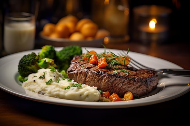 Succulent Feast TopDown Image of MediumRare Steak with Sides on Rustic Plate