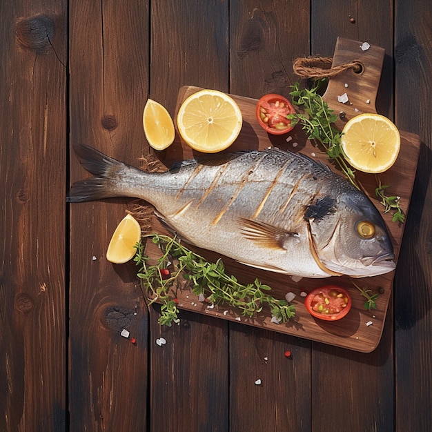 Succulent grilled dorado fish displayed on textured wooden background For Social Media Post Size