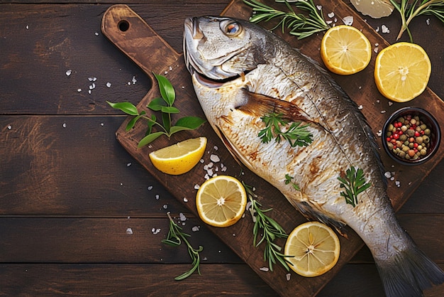 Succulent grilled dorado fish displayed on textured wooden background