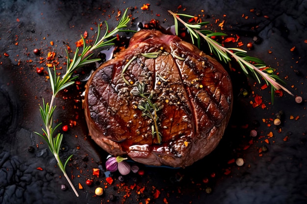 Succulent Grilled Steak with Aromatic Herbs created with Generative AI technology