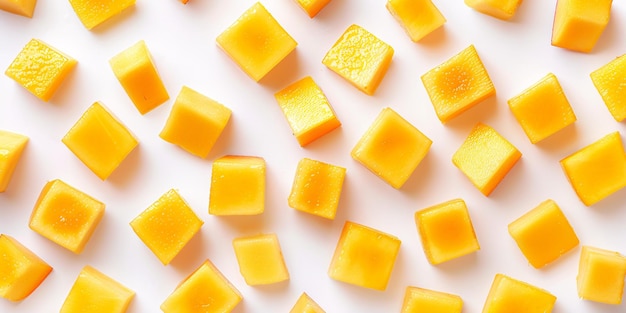 Succulent mango cubes on a blank backdrop