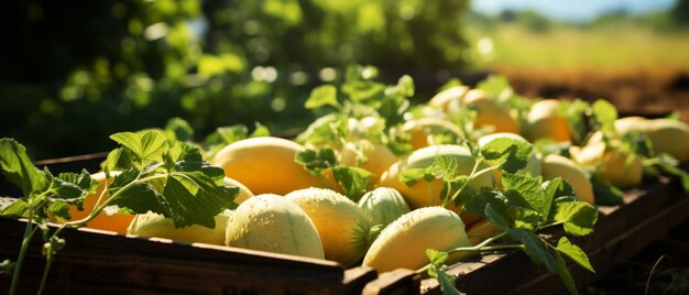 Succulent melons in a rustic wooden crate