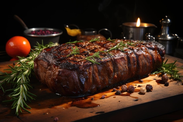 Succulent picanha on embers surrounded by rosemary and salt generative IA