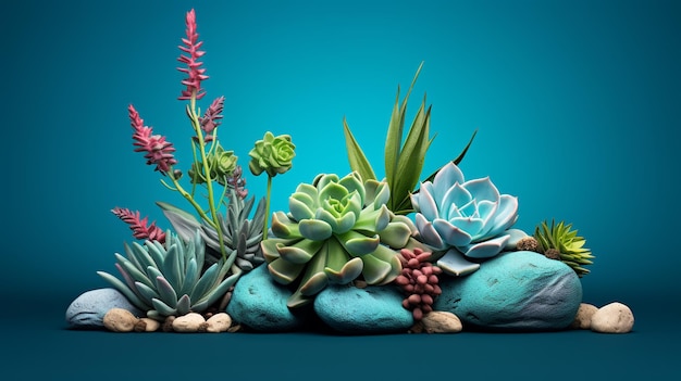 Photo succulent plant in a blue vase on a gray background