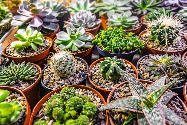 Succulent plants and cacti in flower pots with pebbles.