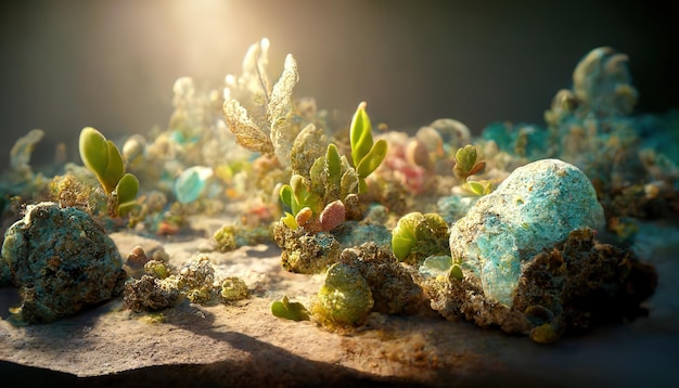 Succulent plants and mineral stones in fantasy desert