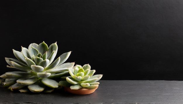 Photo succulent plants on a slate table with a black background with empty space for text or copy for soci