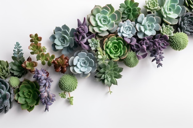 Succulent plants top view border on white background