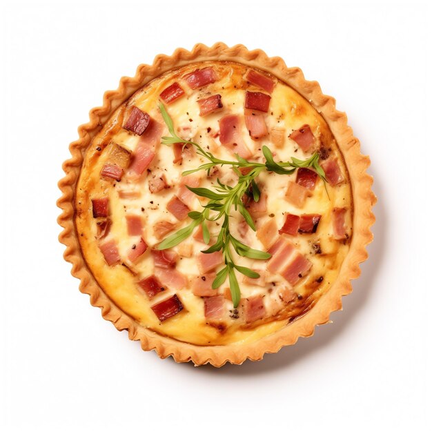 A succulent quiche lorraine top view isolated on white background