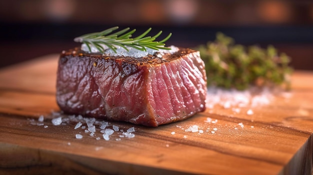 Succulent Rare Steak with CrissCross Grill Marks on Wooden Board