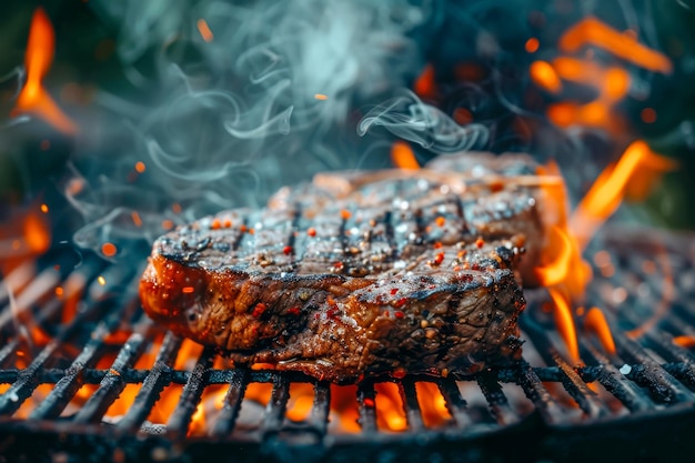 焼き焼きの素敵なステーキは 燃えるグリルで 完璧に調理されます 表面はグリルの痕跡で焼かれています 煙が浮かび上がり バーベキューの本質を捉えています