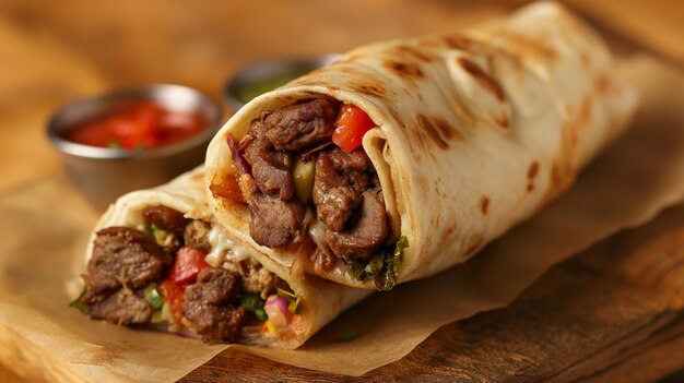 Succulent shawarma filled with grilled meat and vibrant veggies artfully presented on a rustic board