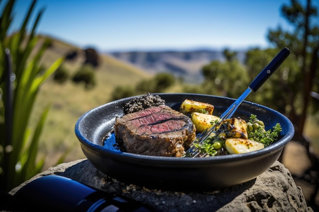 Succulent sirloin steak cooked on an outdoor barbecue with pieces of burning coals