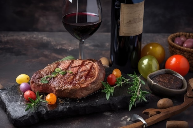 Succulent steak paired with a bottle of red wine on a rustic stone surface Generative AI