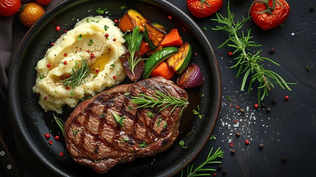 Photo succulent steak and roasted vegetables flat lay