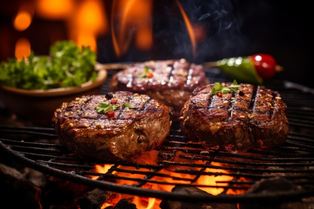 Succulent steak sizzling on grill with cinematic flames captured in high quality image