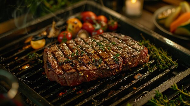 Succulente dikke sappige porties gegrilde filetsteak geserveerd met tomaten en geroosterde groenten op