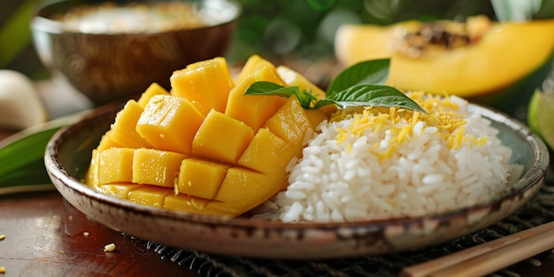 Succulente mango en kleverige rijst verstikt in kokosnootcrème traditionele Thaise zoete traktatie