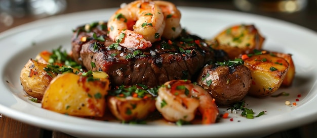 Succulente steak garnalen en aardappelen op een wit bord