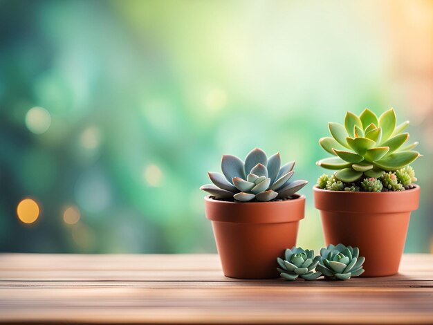 Foto succulenti in pentole su un tavolo di legno sfondio con spazio di copia e bokeh