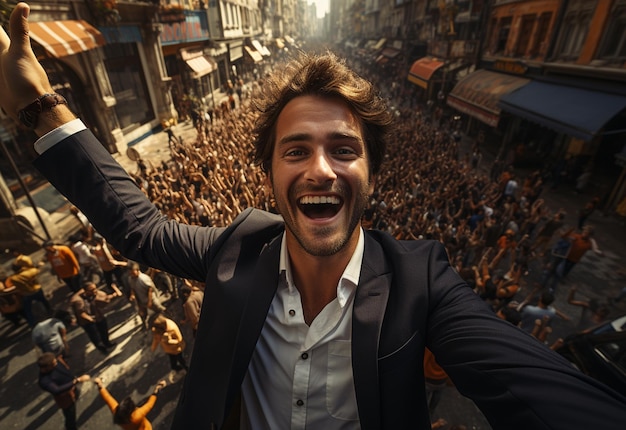 a sucessfull business man celebrate his sucess on a crowded street morning picture taken from drone