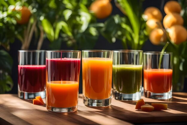 Such juices are shown in glasses on the tablerealistic