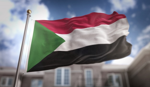 Sudan Flag 3D Rendering on Blue Sky Building Background 