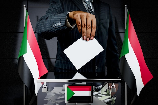 Sudan flags hand dropping voting card election concept 3D illustration