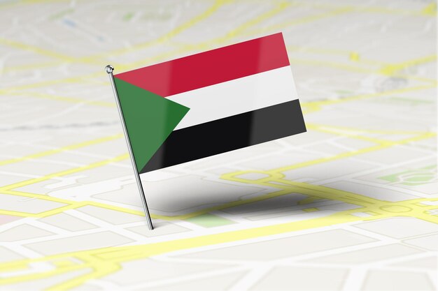 Sudan national flag location pin stuck into a city road map 3D Rendering