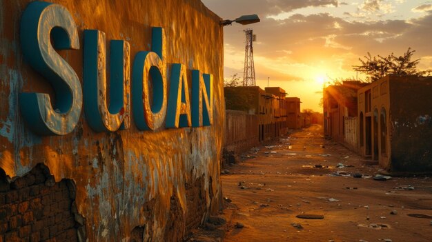 Sudan text on the wall of an abandoned building at sunset