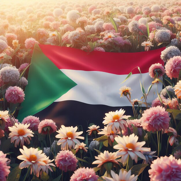 Photo sudanese flag adorning a field of blooming flowers