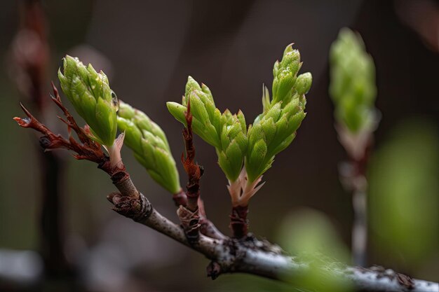 Sudden rush of activity and growth in a leaf with new shoots budding for spring