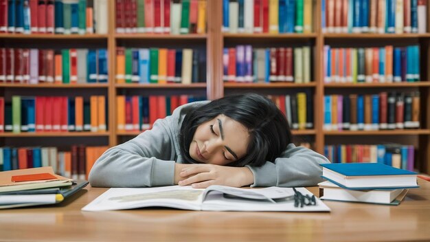 Photo sudent sleeping at the library on the table