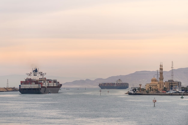 Suez canal transit. View from cargo vessel. Work at sea. Commercial shipping.