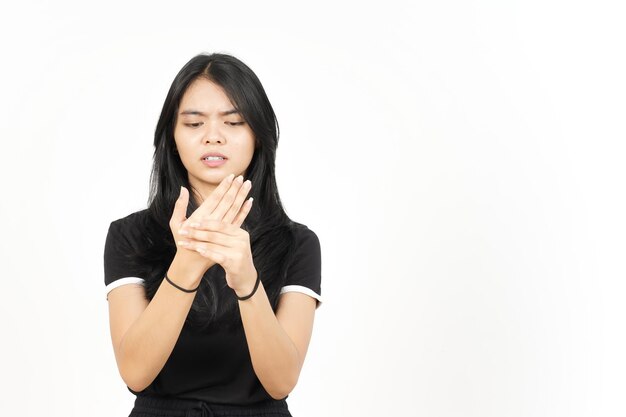 Suffering pain on hands Of Beautiful Asian Woman Isolated On White Background