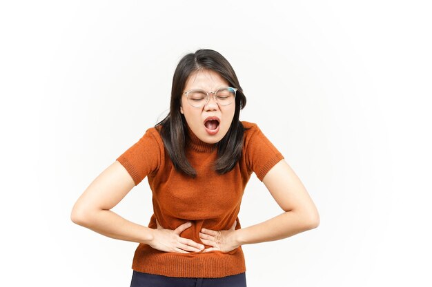 Suffering Stomachache Of Beautiful Asian Woman Isolated On White Background