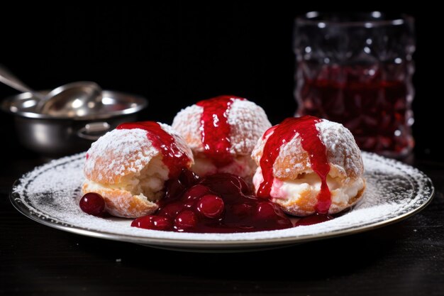 Foto ciambelle di gelatina sufganiyots su un piatto bianco