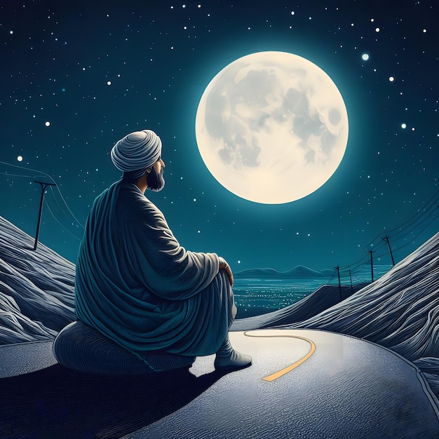 Sufi Man Walking Moonlight Surreal Symbolism