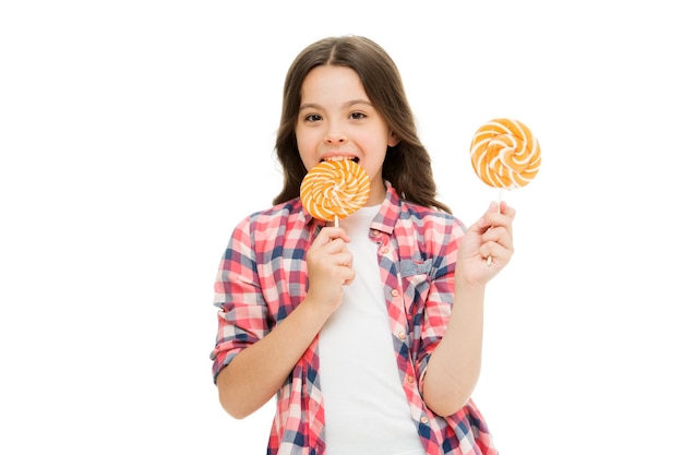 Sugar addiction Healthy nutrition diet Girl like sweets lollipop candy white background Sweets reward Rewarding herself with sweets Food addictions Girl kid eat sweet lollipop Happy childhood