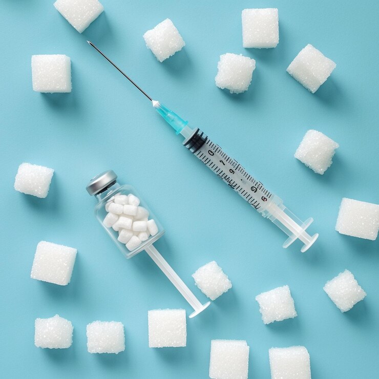 Photo sugar addiction insulin resistance diabetes protection medical concept blue backgroundtop view