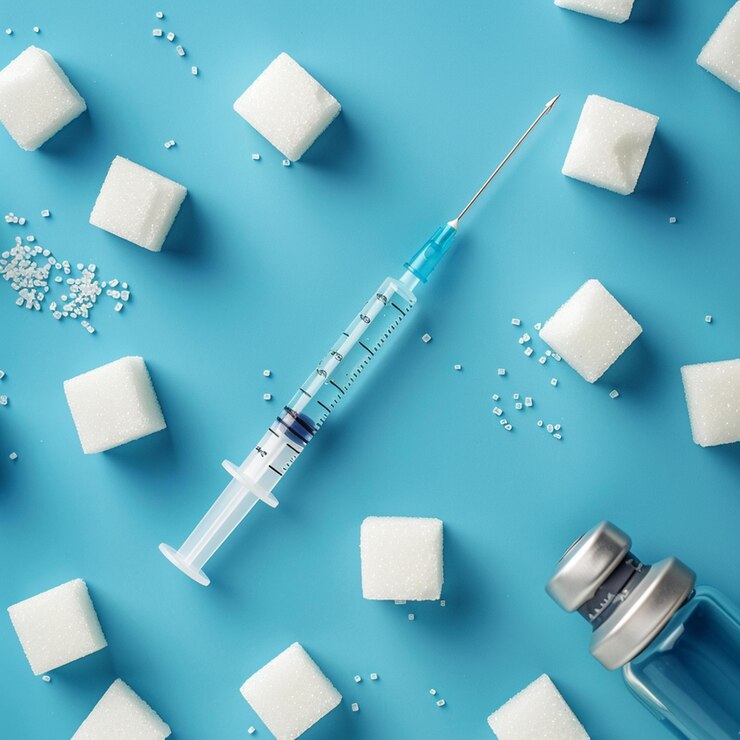 Photo sugar addiction insulin resistance diabetes protection medical concept blue backgroundtop view