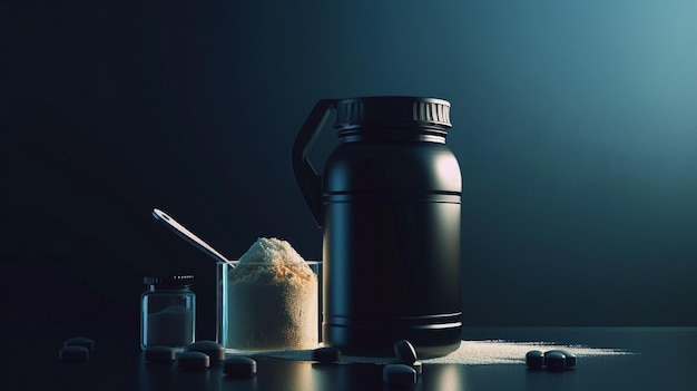 Sugar Bottle and Protein Powder Shaker on Table Postworkout