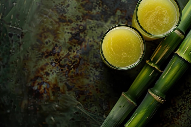 Sugar Cane Freshly Squeezed Juice with Sugar Cane Branches on Blurred Background Sugarcane Juice